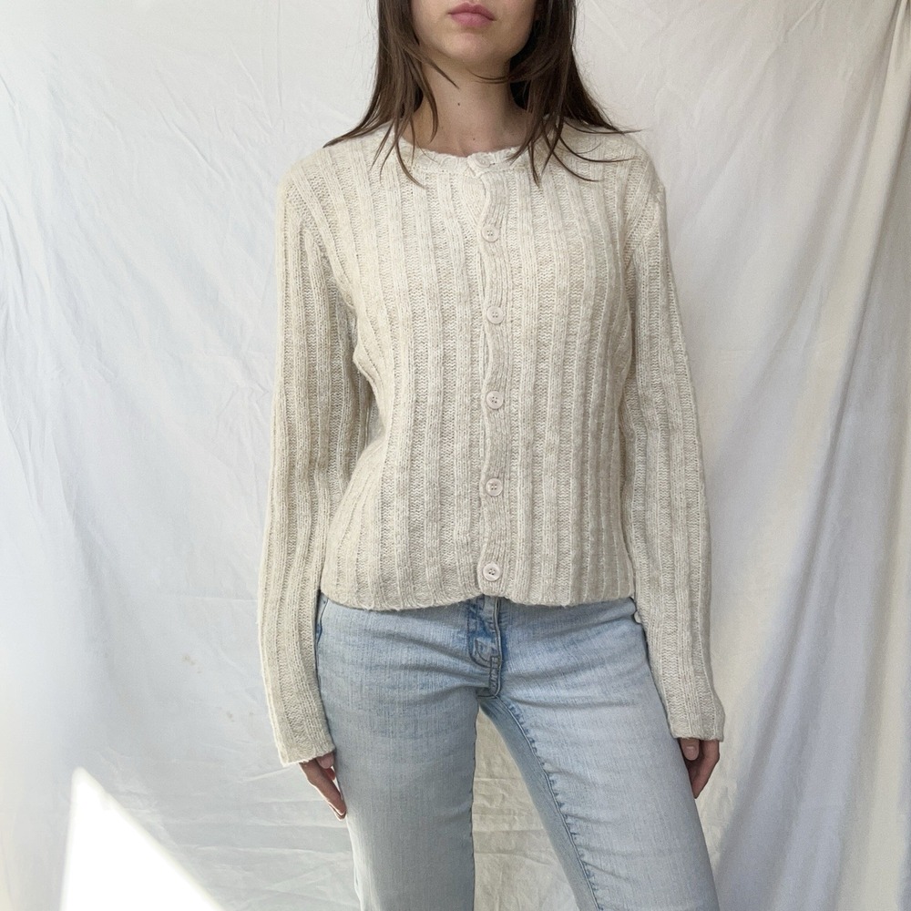 Vintage Wool Blend Oatmeal Cardigan Sweater Classic 90s Cottagecore Soft